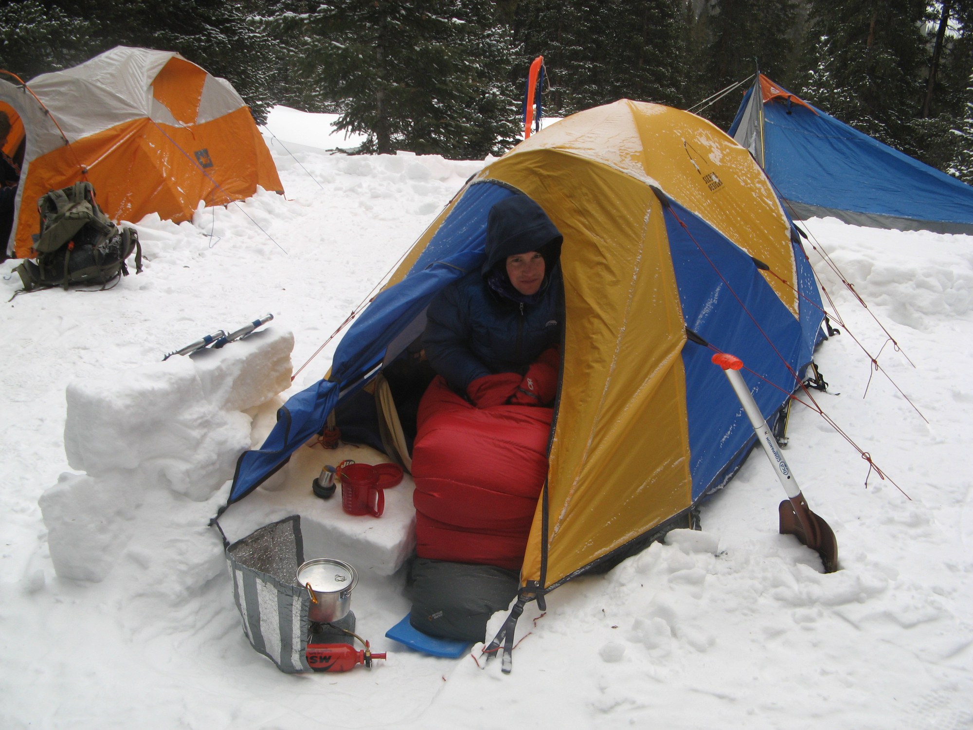 Winter snow clearance camping